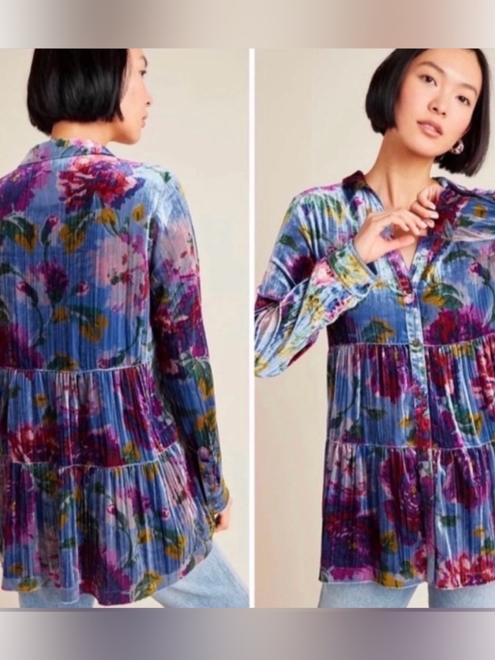 Anthropologie Maeve Reverie Tiered Velvet Floral Tunic size Small